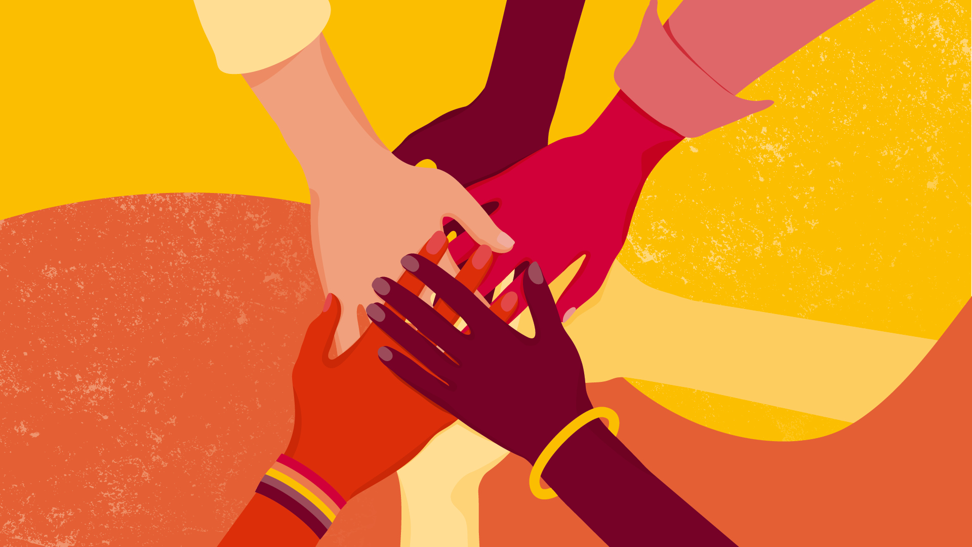 Logo der Strategie für eine feministische Entwicklungspolitik, vier Hände in unterschiedlichen Rot- und Orangetönen übereinander