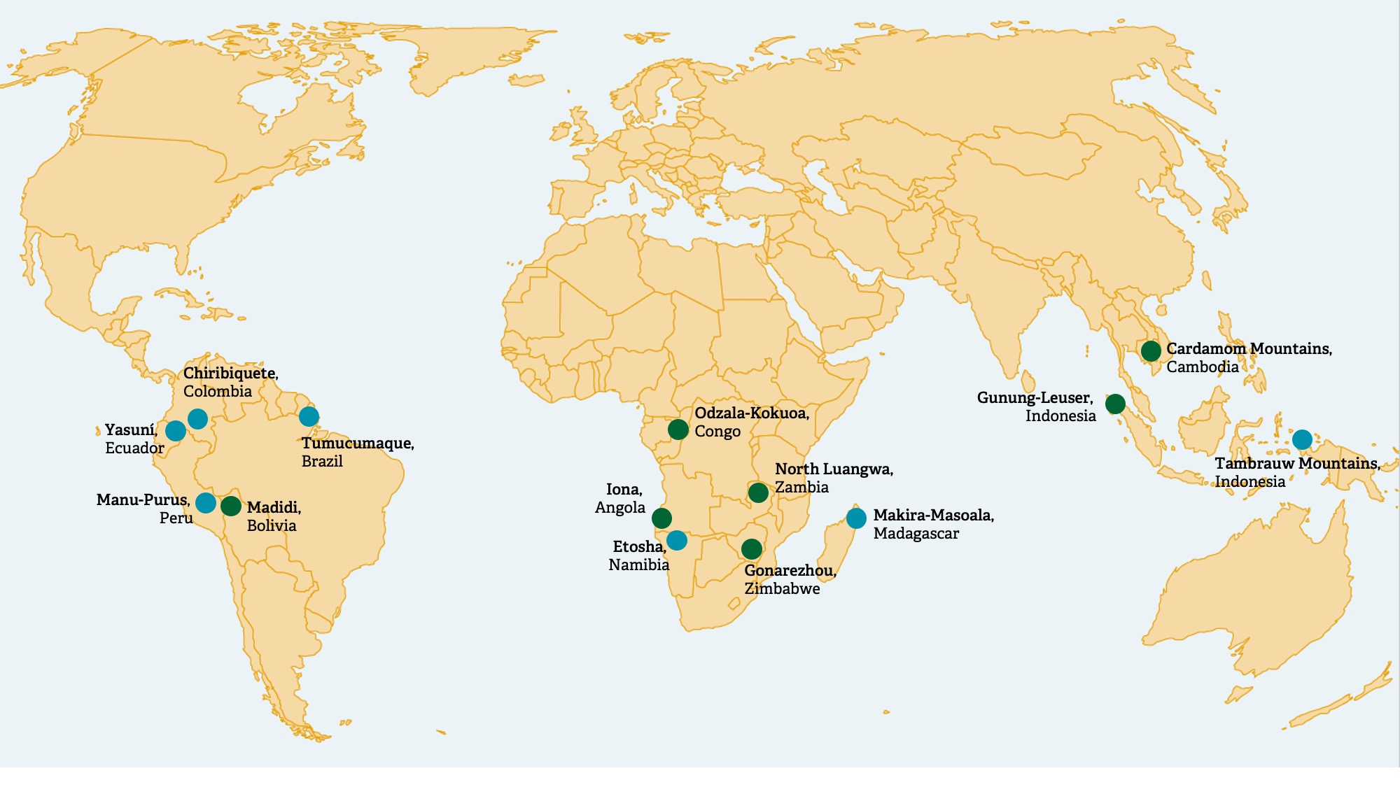 Karte der vom Legacy Landscapes Fund finanzierten Naturlandschaften (Grün: sieben erste, sogenannte Pilotgebiete, Blau: sieben Gebiete nach Ausschreibung)