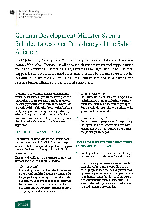 Cover Factsheet German Development Minister Svenja Schulze takes over Presidency of the Sahel Alliance