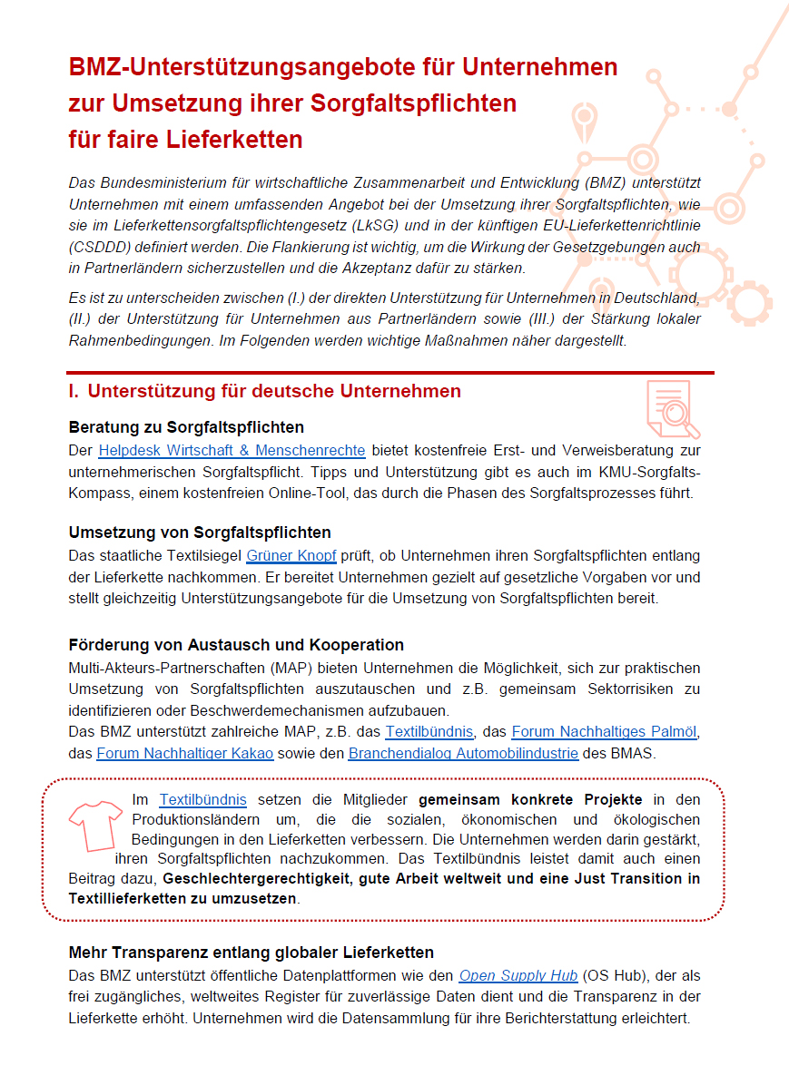 Titelseite der Publikation: BMZ-Unterstützungsangebote für Unternehmen zur Umsetzung ihrer Sorgfaltspflichten für faire Lieferketten