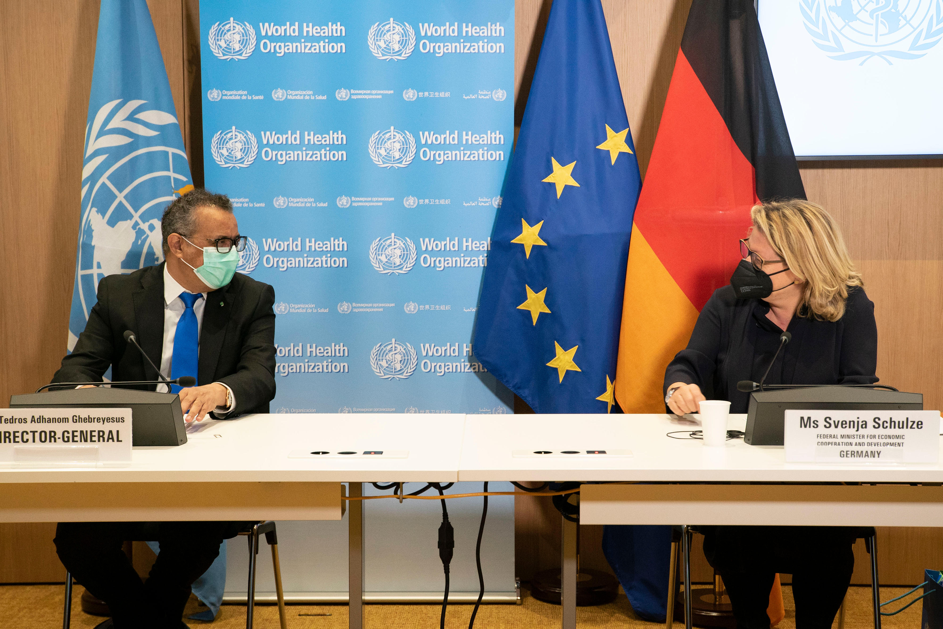 Press conference with Svenja Schulze and the WHO Director-General Dr Tedros Adhanom Ghebreyesus in Geneva.