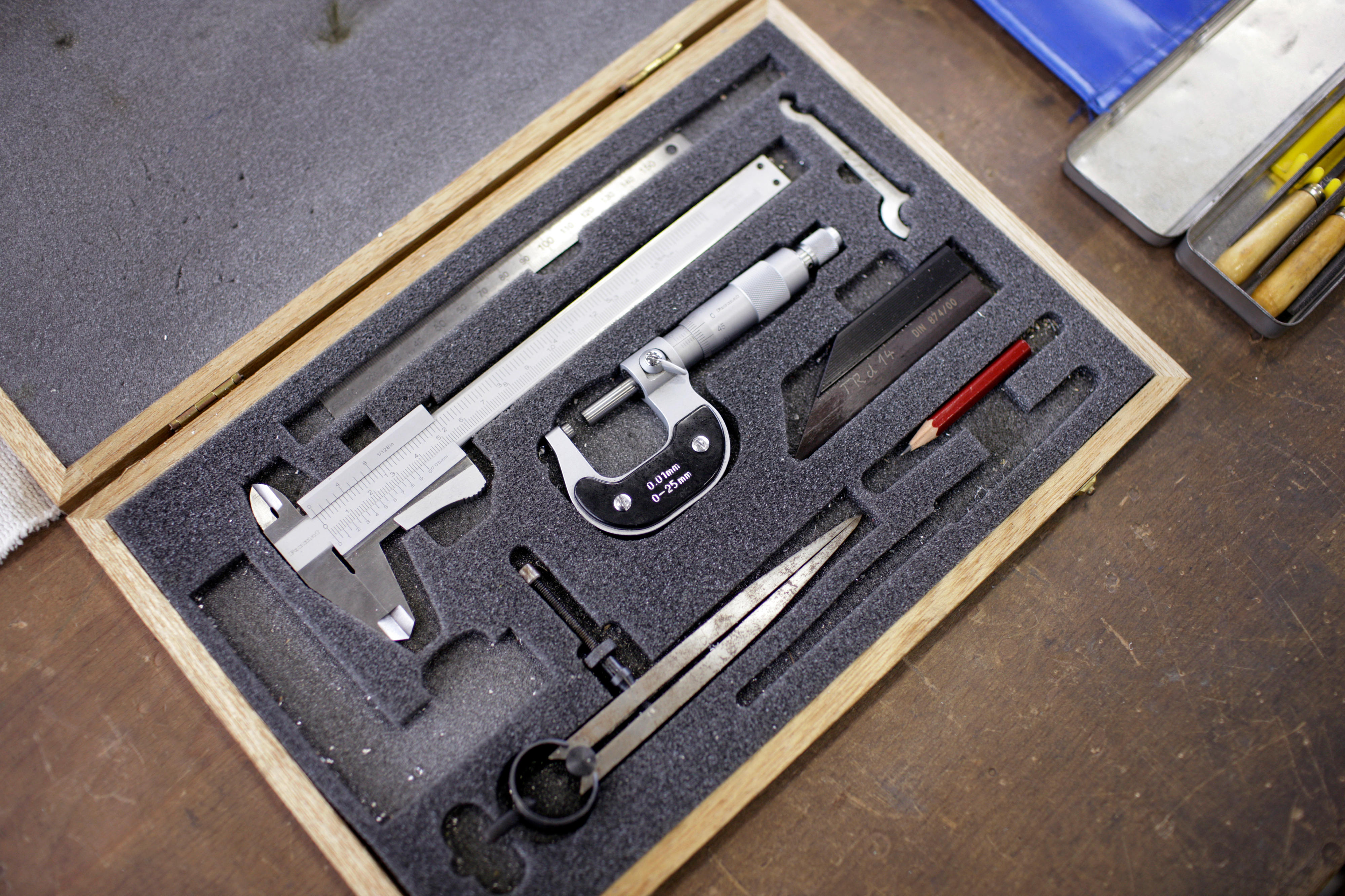 Measuring instruments in a wooden box