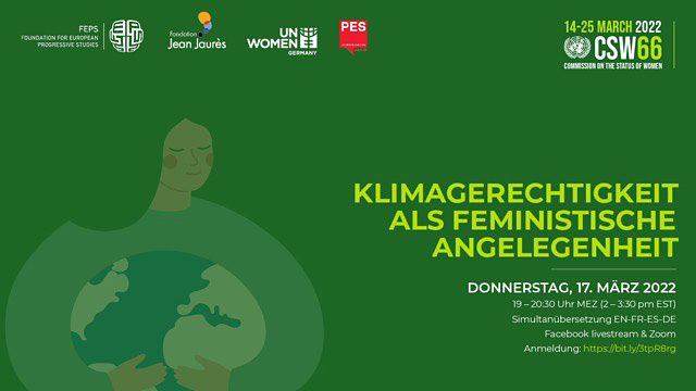 Plakat mit der Aufschrift "Klimagerechtigkeit als feministische Angelegenheit" | Donnerstag, 17. März 2022, 19–20:30 Uhr MEZ