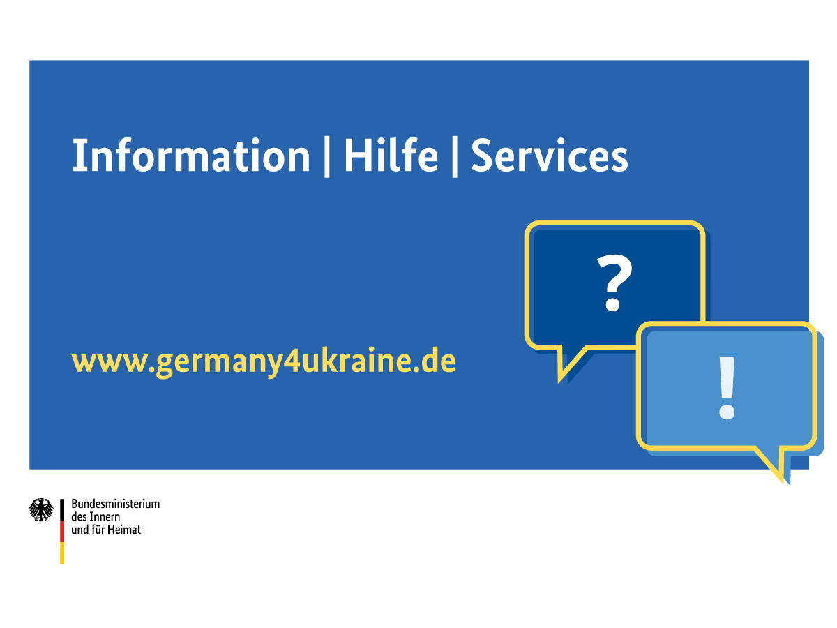 Logo (blue with white writing) "Information | Hilfe | Services" and in yellow " www.germany4ukraine.de" 