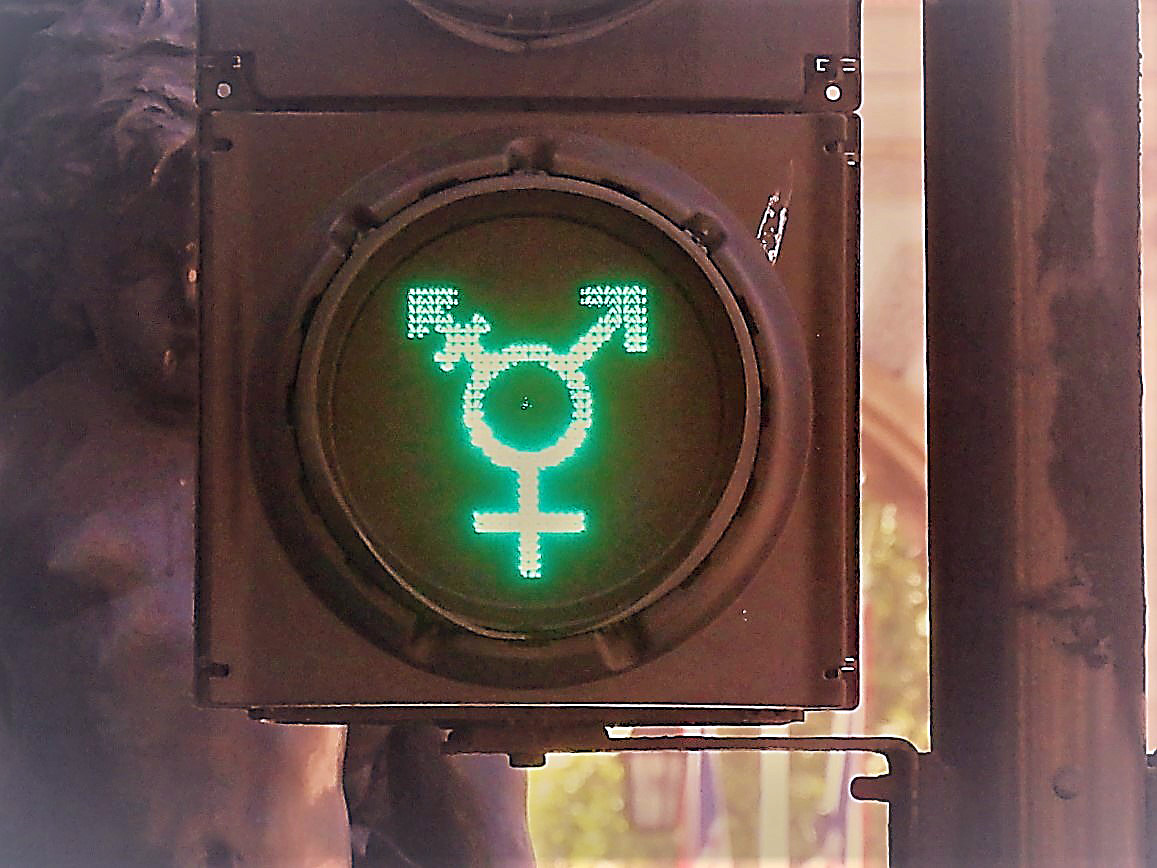 Zeichen für sexuelle Diversität auf grünem Ampelzeichen. Ein Kreis mit einem nach unten weisendem Kreuz als Symbol für das weibliche Geschlecht, einem nach links oben weisendem, durchgestrichenem Pfeil als Symbol für Diversität und einem nach rechts oben weisenden Pfeil als Symbol für das männliche Geschlecht. Aufnahme aus London, Nähe Trafalgar Square