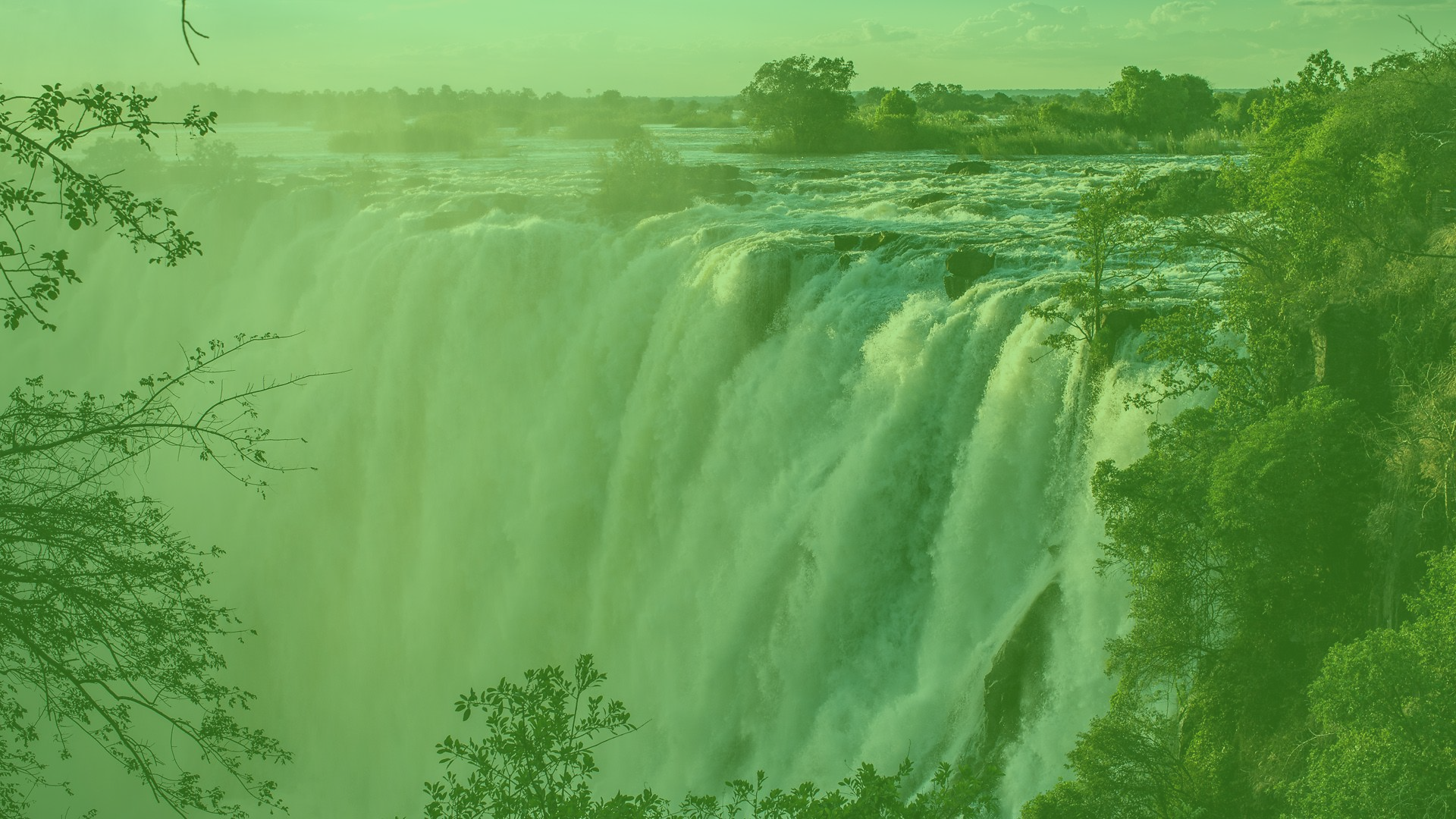Die Viktoriafälle bei Livingstone in Sambia, das Bild ist grün eingefärbt