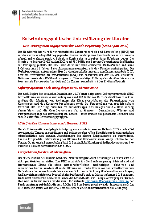 Titelblatt: Entwicklungspolitische Unterstützung der Ukraine
