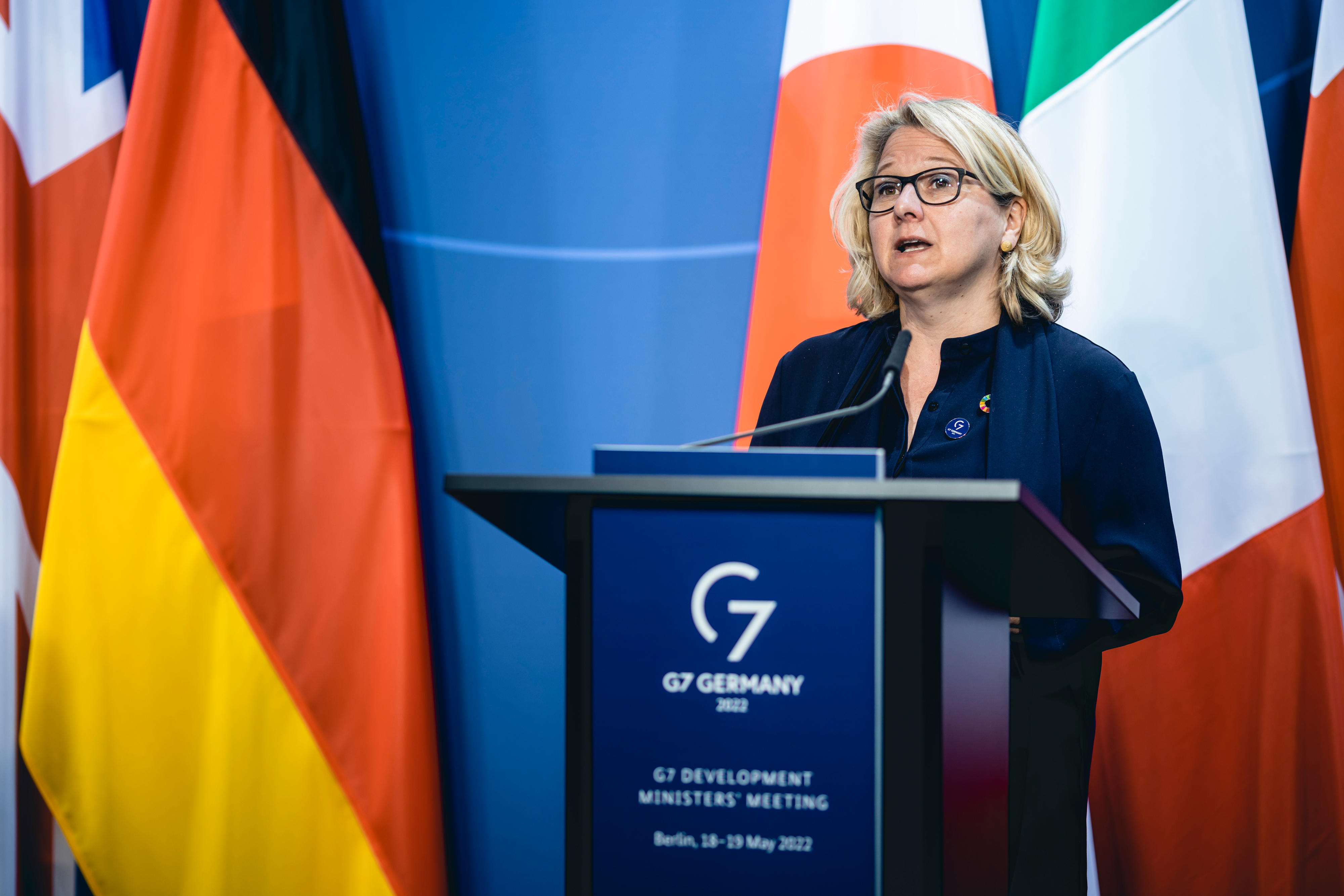 German Development Minister Svenja Schulze speaks at the opening press conference of the G7 meeting of development ministers in Berlin.