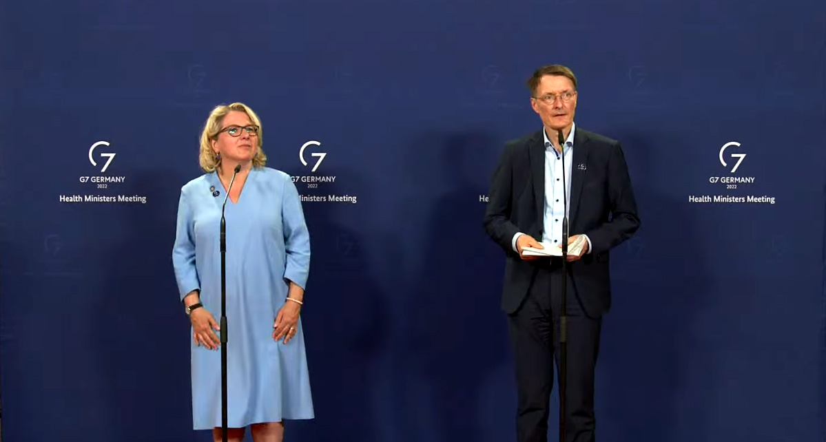 Standbild aus dem Video: Statements von Ministerin Schulze und Minister Lauterbach nach dem G7-Gesundheitsministerinnen und -ministertreffen, Sonja Schulze und Karl Lauterbach 