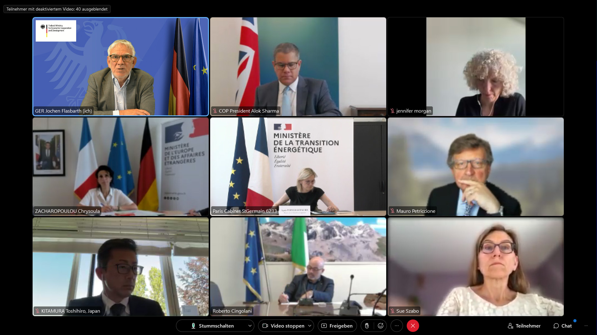 Standbild mit Teilnehmerinnen und Teilnehmern der G7-Videokonferenz zu "Just Energy Transition Partnerships"