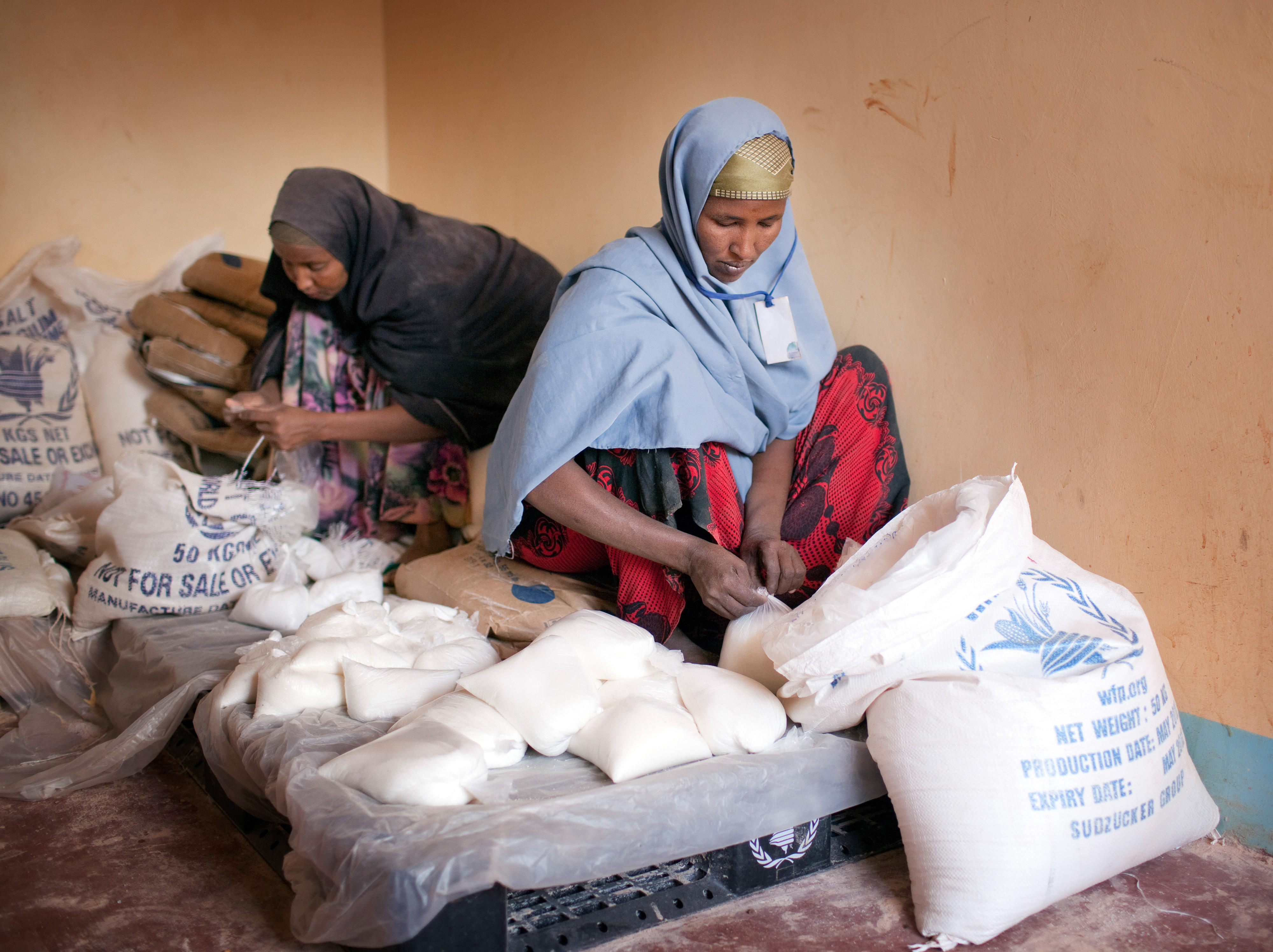 In the Dadaab refugee camp in Kenya, food is bagged to feed the newly arriving people.