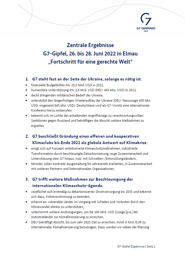 Zentrale Ergebnisse G7-Gipfel, 26. bis 28. Juni 2022 in Elmau: "Fortschritt für eine gerechte Welt"