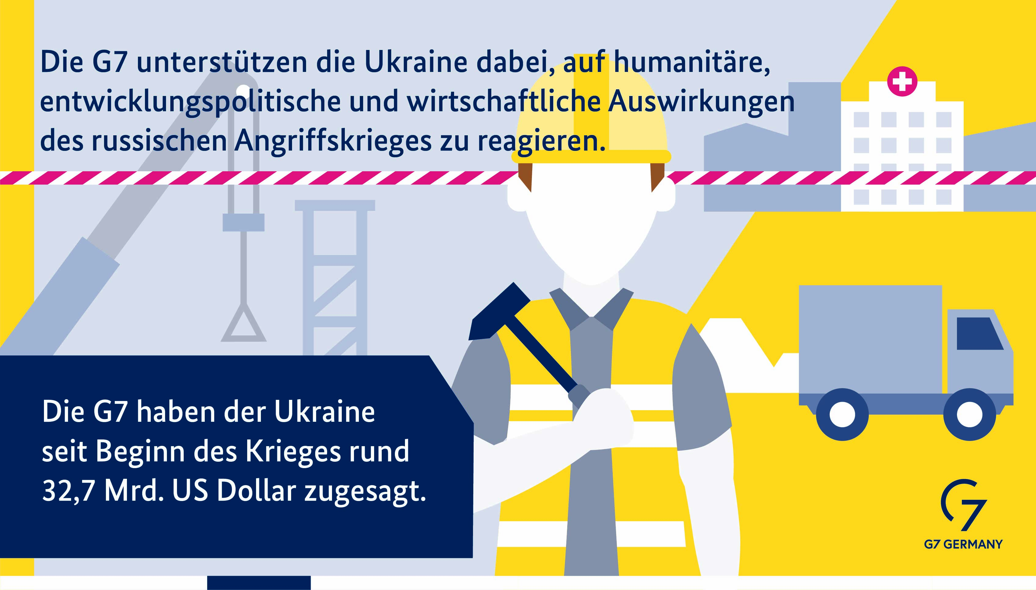 Die G7 unterstützt die Ukraine dabei, auf humanitäre, entwicklungspolitische und wirtschaftliche Auswirkungen des russischen Angriffskriegs zu reagieren. Die G7 hat der Ukraine seit Beginn des Kriegs rund 32,7 Milliarden US-Dollar zugesagt.