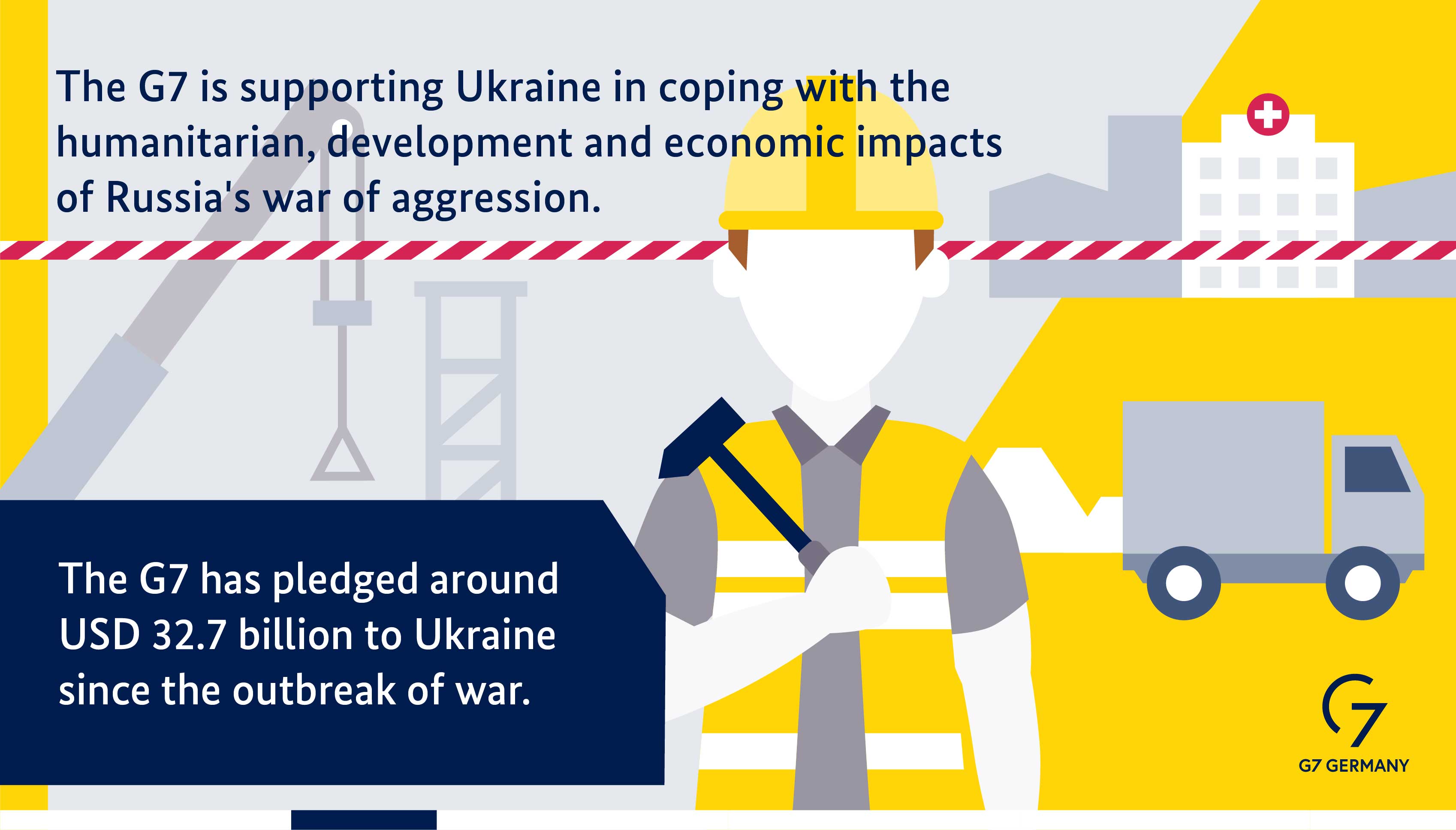 The G7 is helping Ukraine respond to humanitarian, development and economic impacts of Russia's war of aggression. The G7 has pledged around 32.7 billion US dollars to Ukraine since the war began.