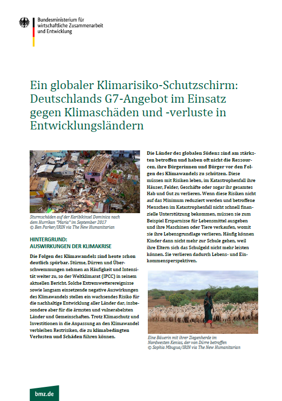 Titelblatt: Ein globaler Klimarisiko-Schutzschirm: Deutschlands G7-Angebot im Einsatz gegen Klimaschäden und -verluste in Entwicklungsländern