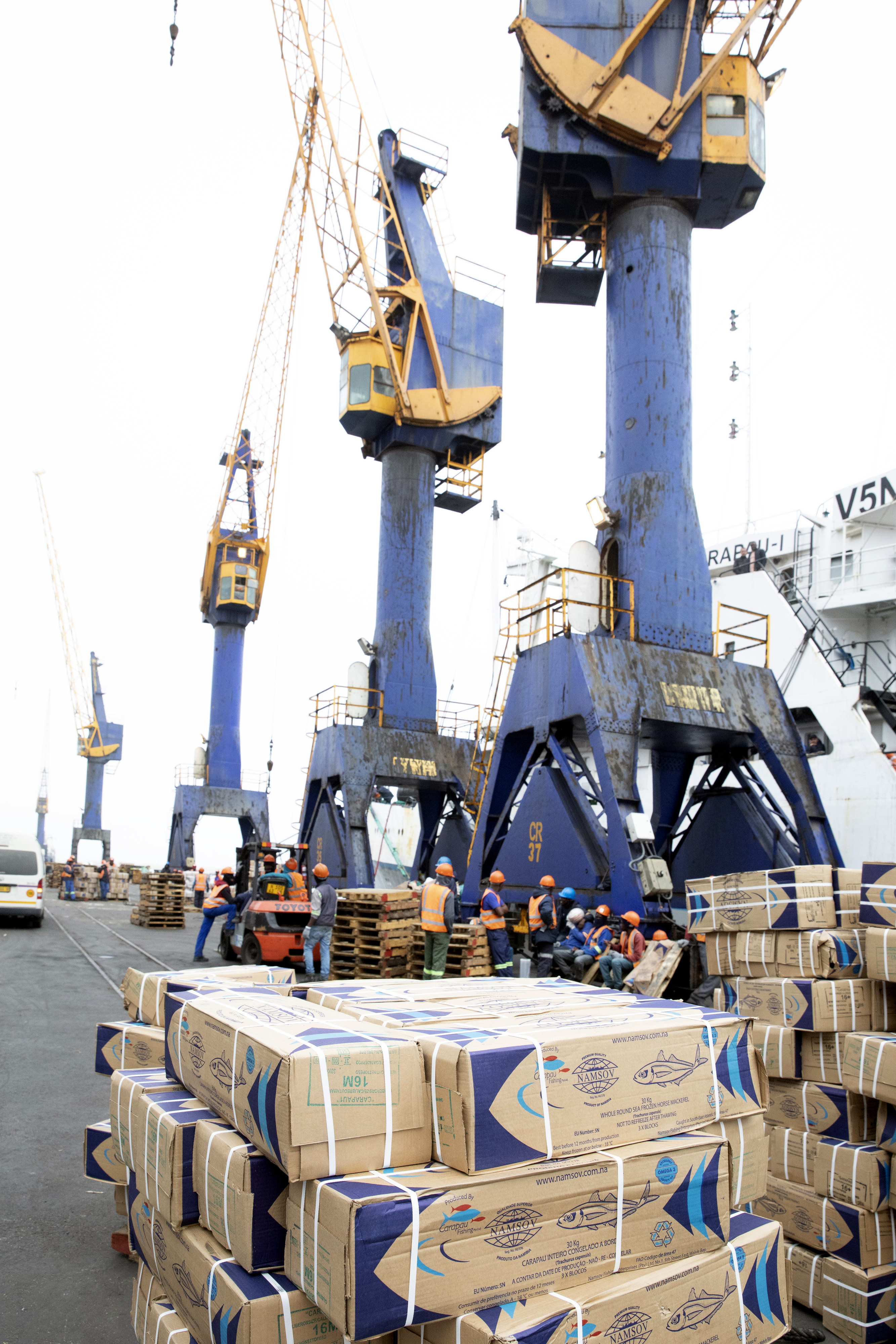 Bundesentwicklungsminister Gerd Müller im Gespräch mit dem Geschäftsführer der Namibian Ports Authory, Kavin Harry (rechts), Namibia, Walvis Bay, September 2019