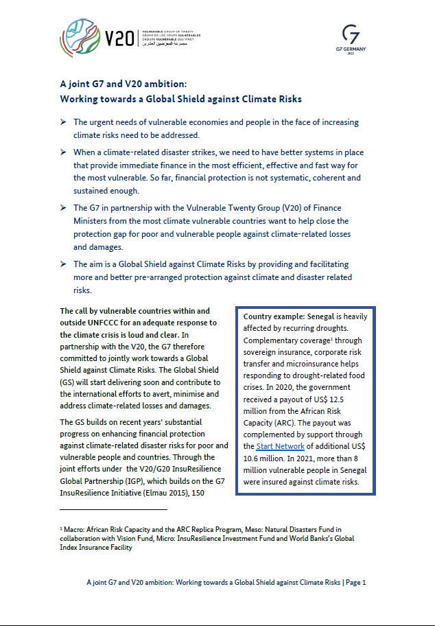 Cover: A joint G7 and V20 ambition: Working towards a Global Shield against Climate Risks