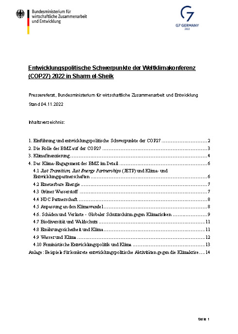 Cover: Entwicklungspolitische Schwerpunkte der Weltklimakonferenz (COP27) 2022 in Sharm el-Sheik