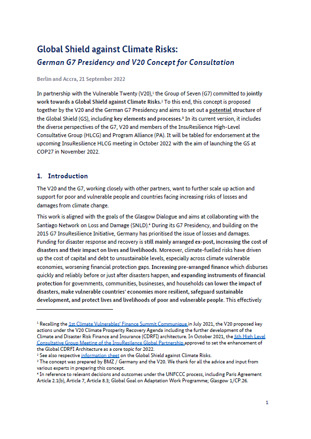 Cover: Global Shield against Climate Risks: German G7 Presidency and V20 Concept for Consultation