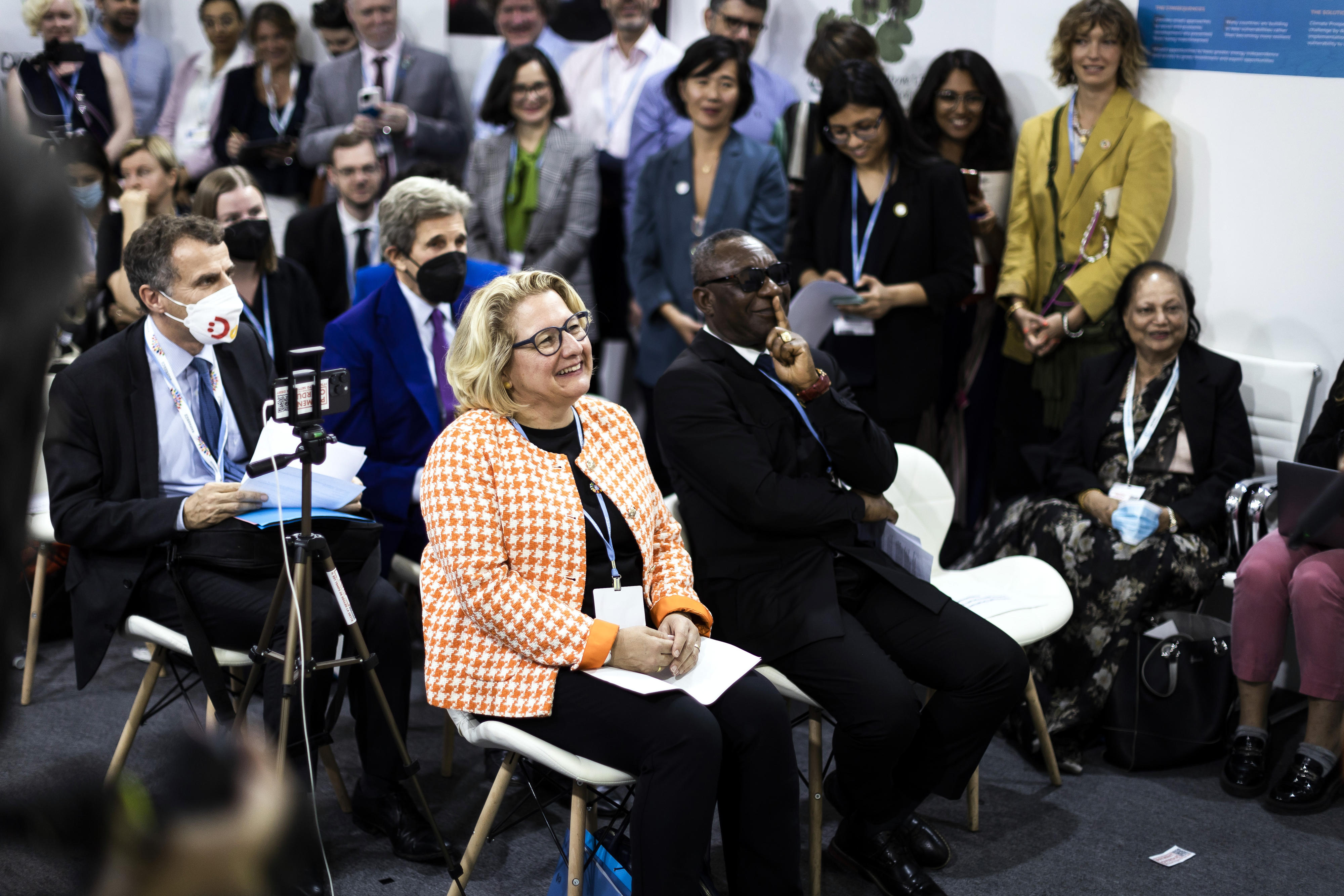 Development Minister Svenja Schulze, Henry Kokofu, Special Envoy of the Climate Vulnerable Forum (CVF) Ghana Presidency, Special Presidential Envoy for Climate John Kerry and others participating in the launch event for the Global Shield against Climate Risks