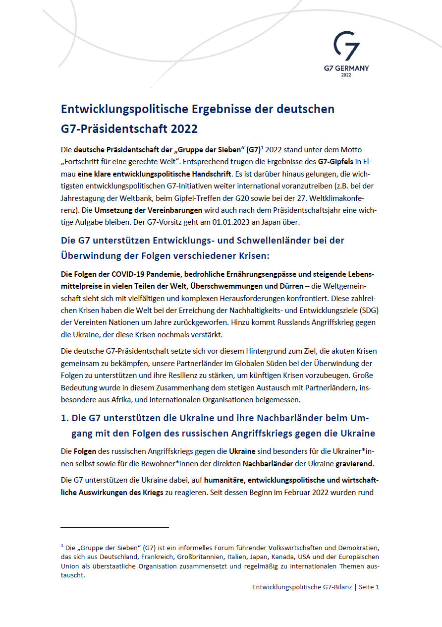 Titelblatt: Entwicklungspolitische Ergebnisse der deutschen G7-Präsidentschaft 2022