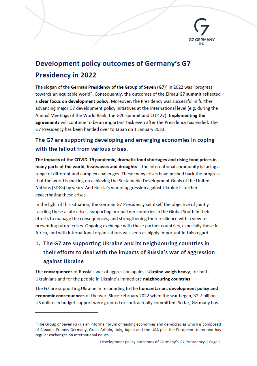 Cover: Development policy outcomes of Germany’s G7 Presicency in 2022