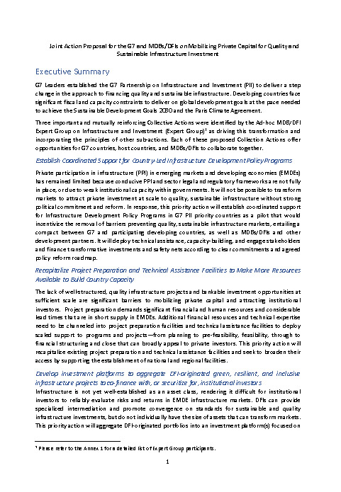 Cover: Joint Action Proposal for the G7 and MDBs/DFIs on Mobilizing Private Capital for Quality and Sustainable Infrastructure Investment 