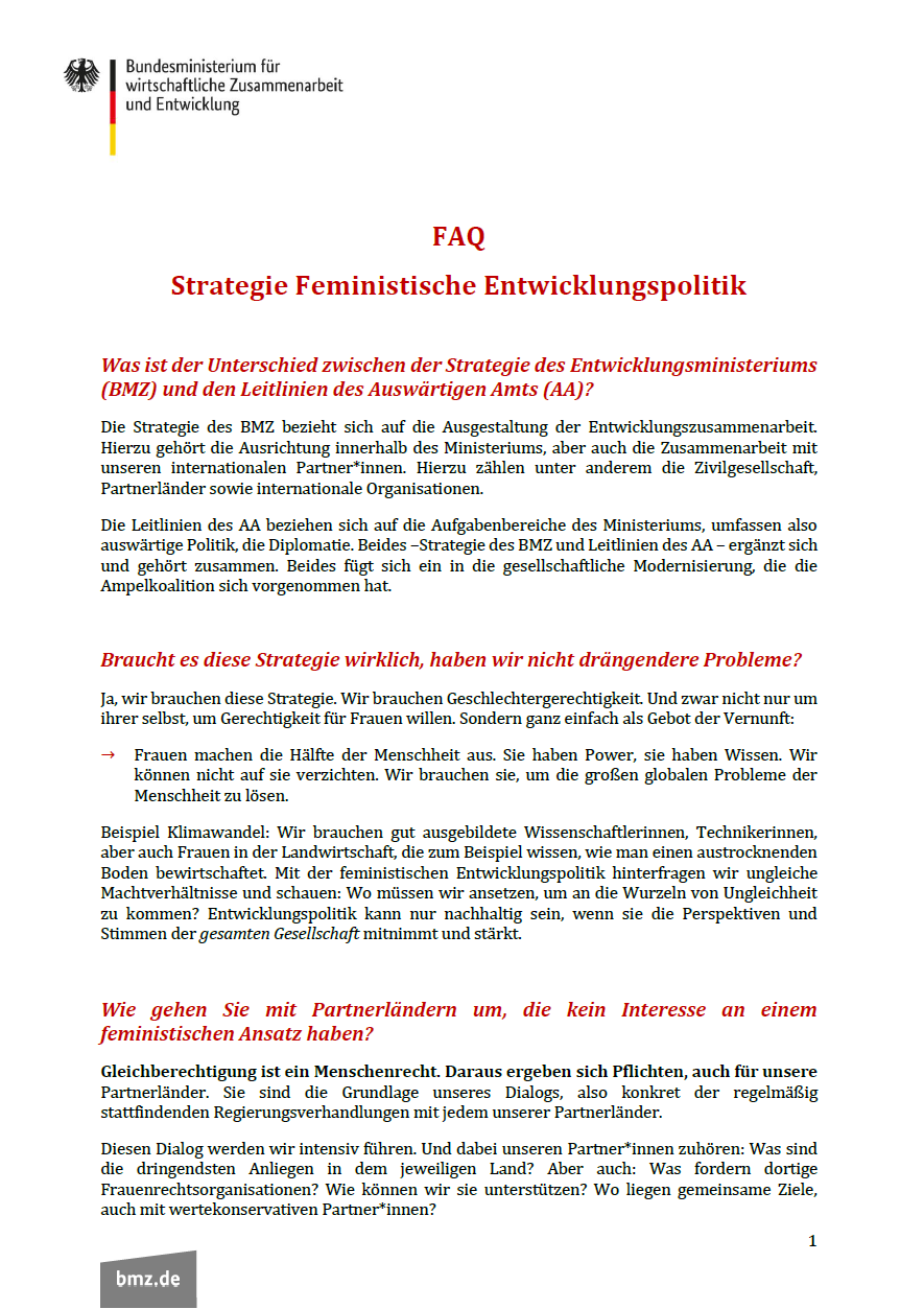 Titelblatt: FAQ: Strategie Feministische Entwicklungspolitik