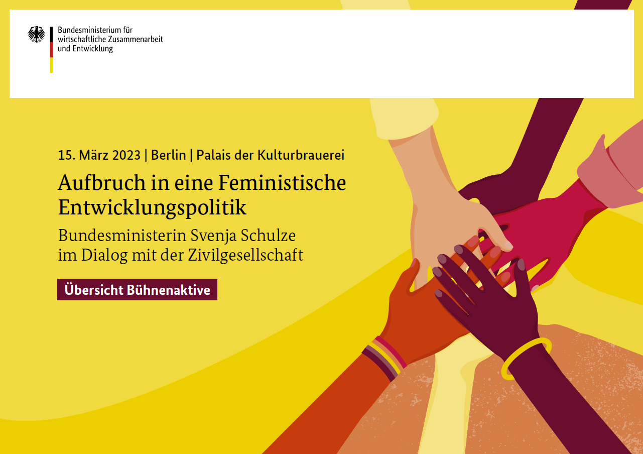 Titelblatt: Bühnenaktive der Veranstaltung "Aufbruch in eine feministische Entwicklungspolitik"
