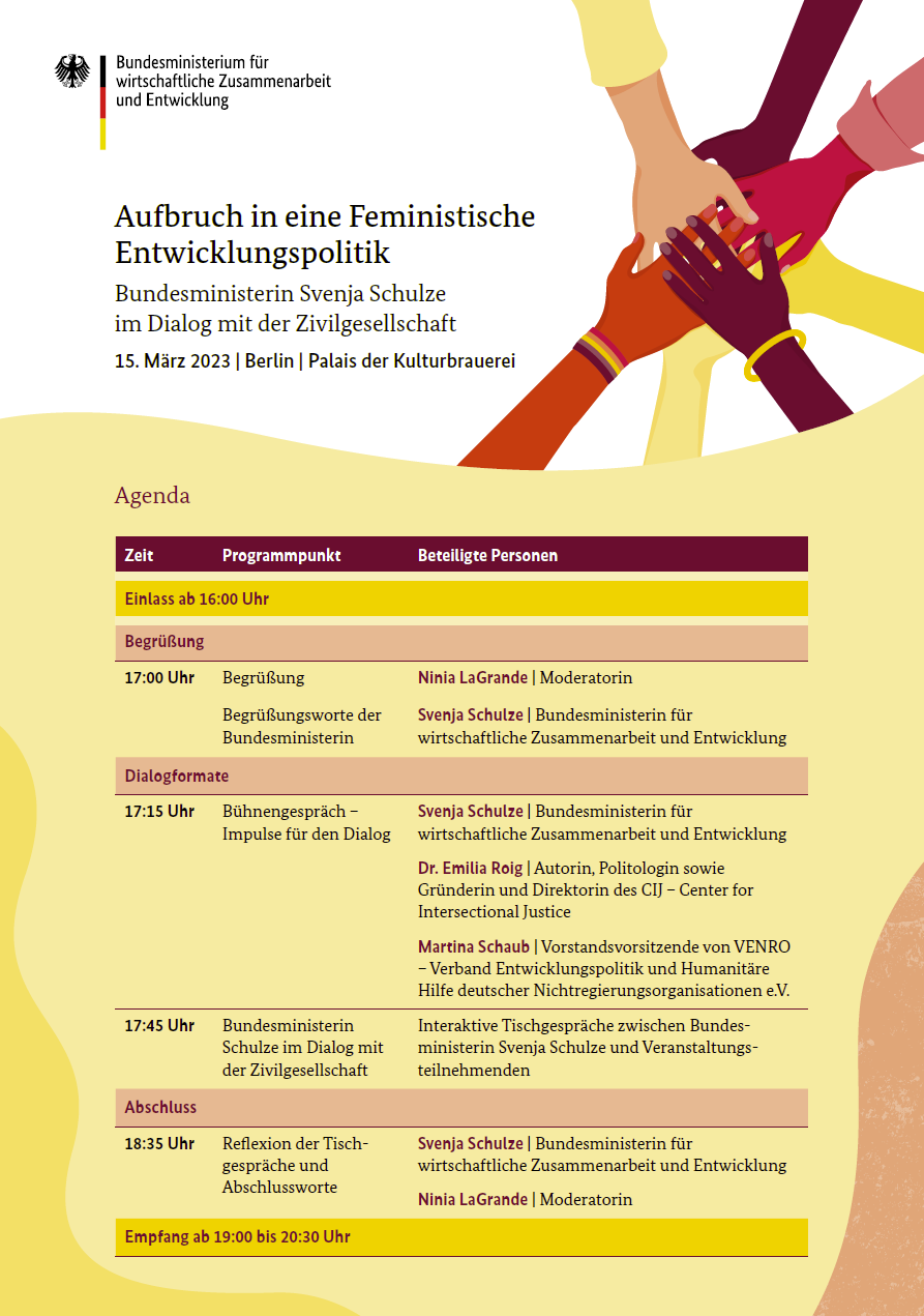 Titelblatt: Programm der Veranstaltung "Aufbruch in eine feministische Entwicklungspolitik"