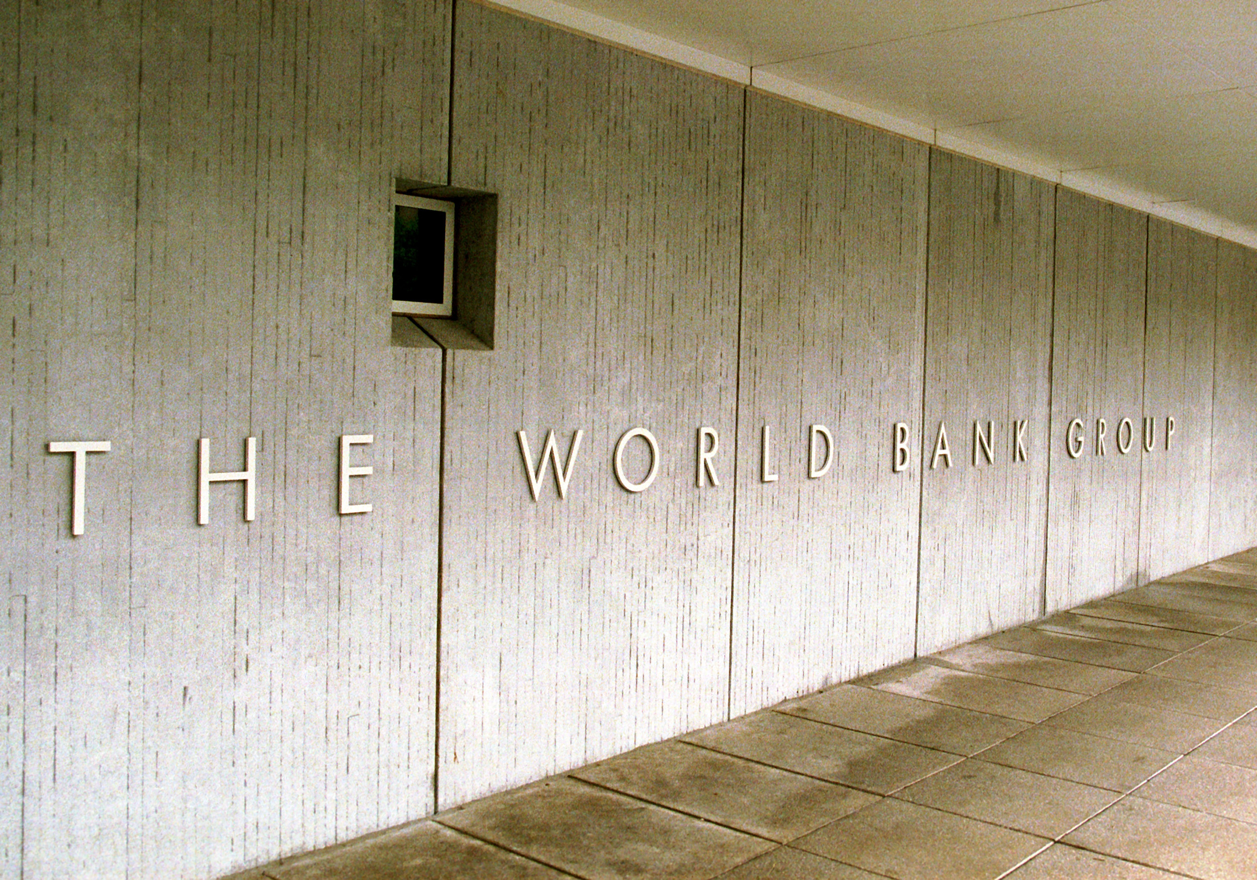 The "World Bank Group" inscription on the main building of the World Bank in Washington