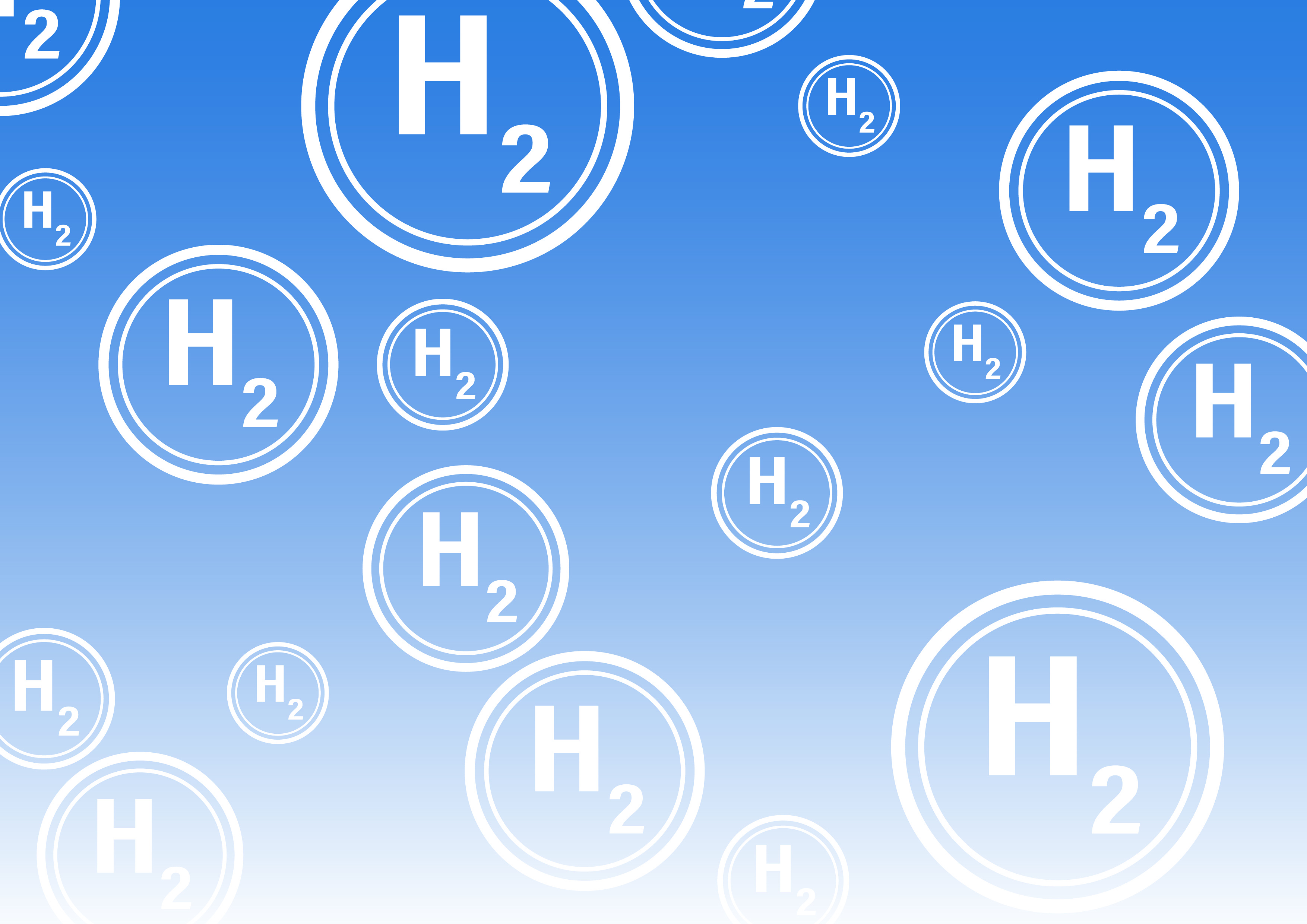 Symbolbild Wasserstoff (H2): verschieden große Kreise die jeweils die chemische Summenformel des Wasserstoffmoleküls (H2) enthalten