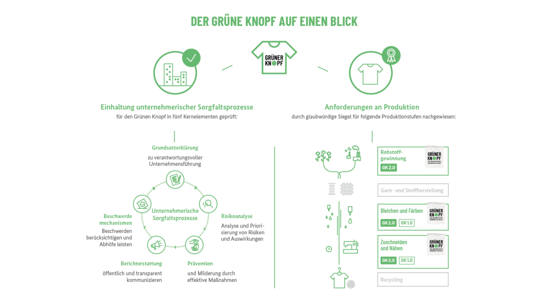 Infografik: Der Grüne Knopf auf einen Blick | Einhaltung unternehmerischer Sorgfaltsprozesse und Anforderungen an die Produktion