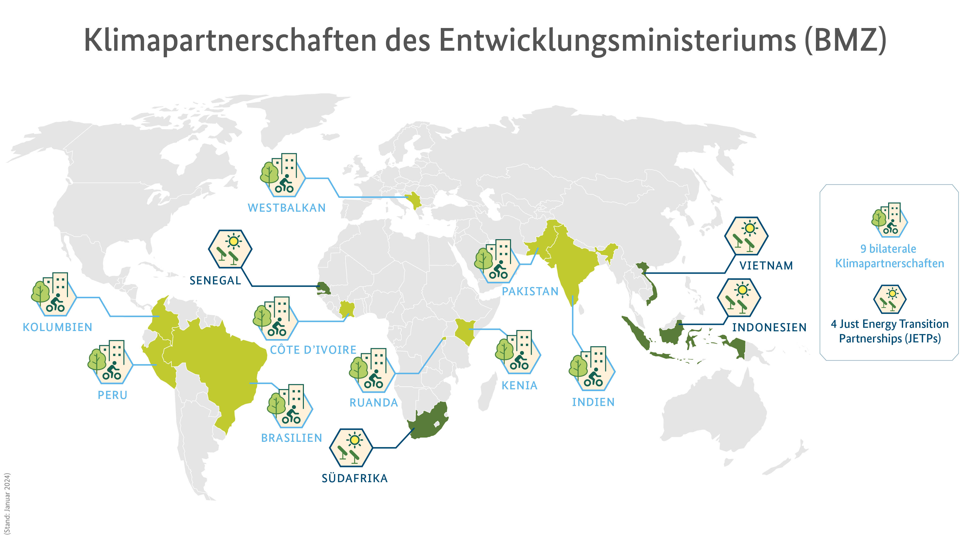 Weltkarte mit Klimapartnerschaften des Entwicklungsministeriums (BMZ)