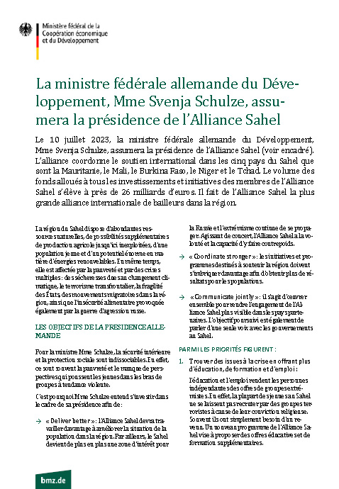 Cover Factsheet La ministre fédérale allemande du Développement, Mme Svenja Schulze, assumera la présidence de l’Alliance Sahel