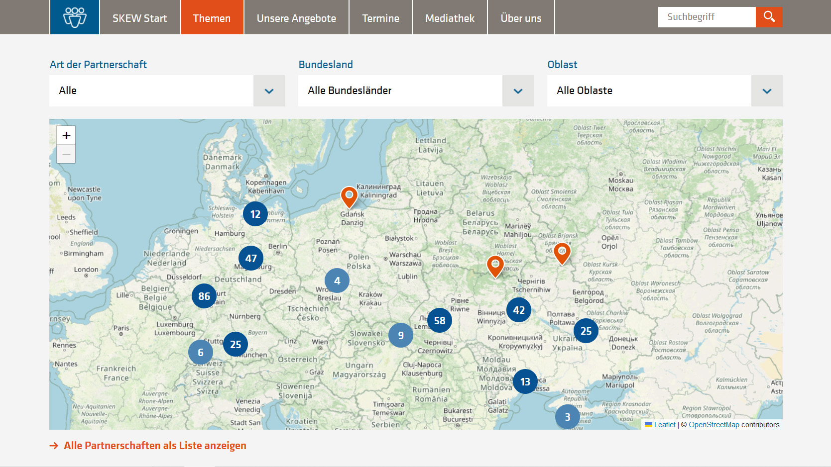 Screenshot: Interaktive Karte deutsch-ukrainischer kommunaler Partnerschaften