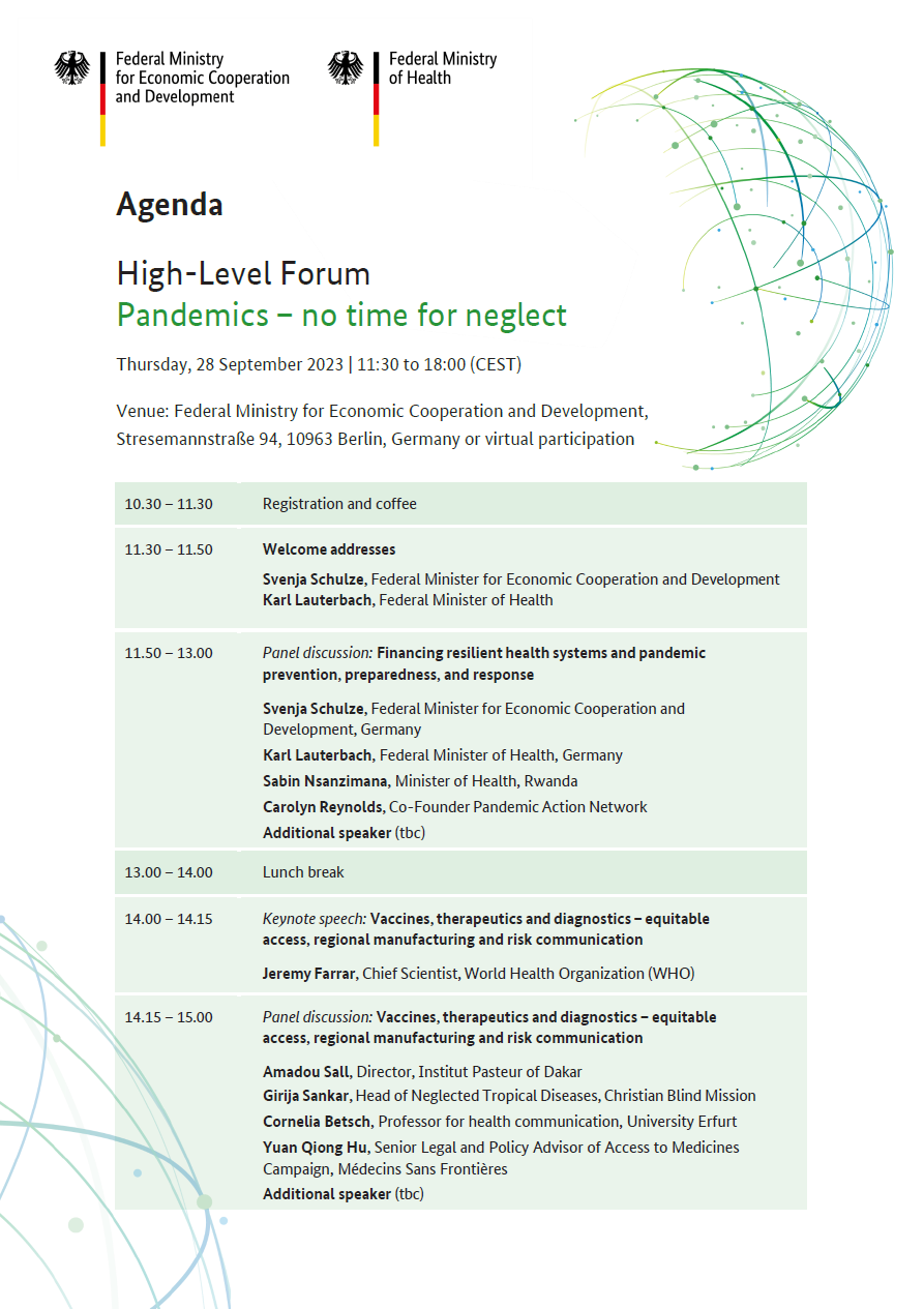 Cover: Programme High-Level Forum: Pandemics – no time for neglect 