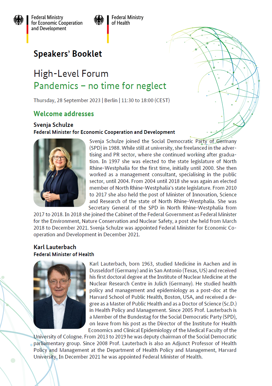 Cover: Speakers’ Booklet High-Level Forum: Pandemics – no time for neglect 