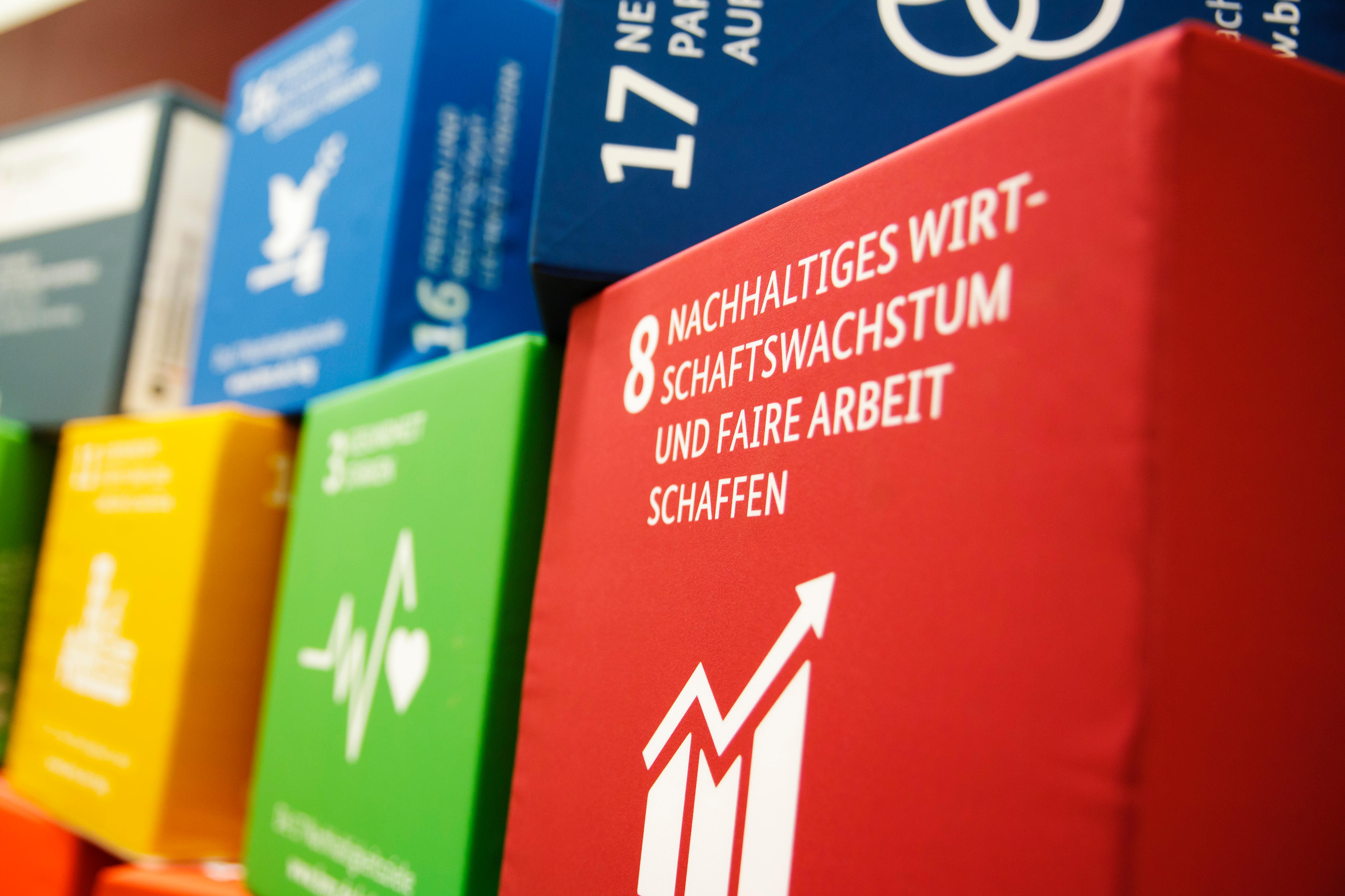 Einige der globalen Entwicklungsziele als Sitzkissen bei einer Konferenz