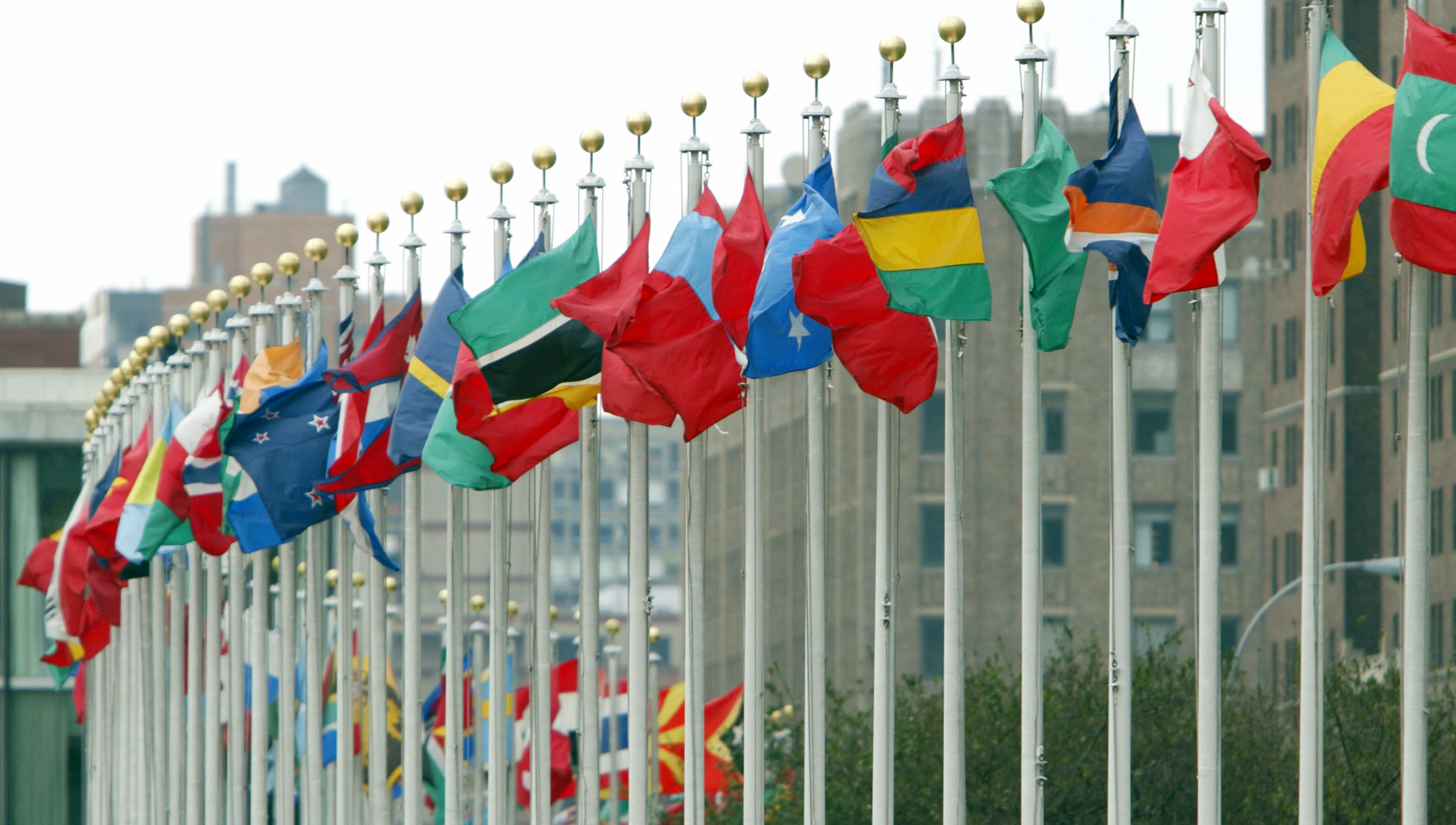 Flags outside the United Nations in New York