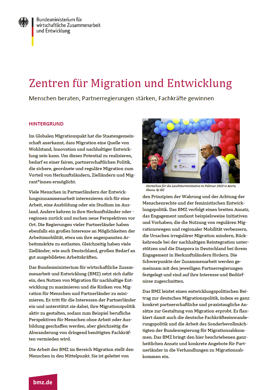 Titelblatt: Zentren für Migration und Entwicklung