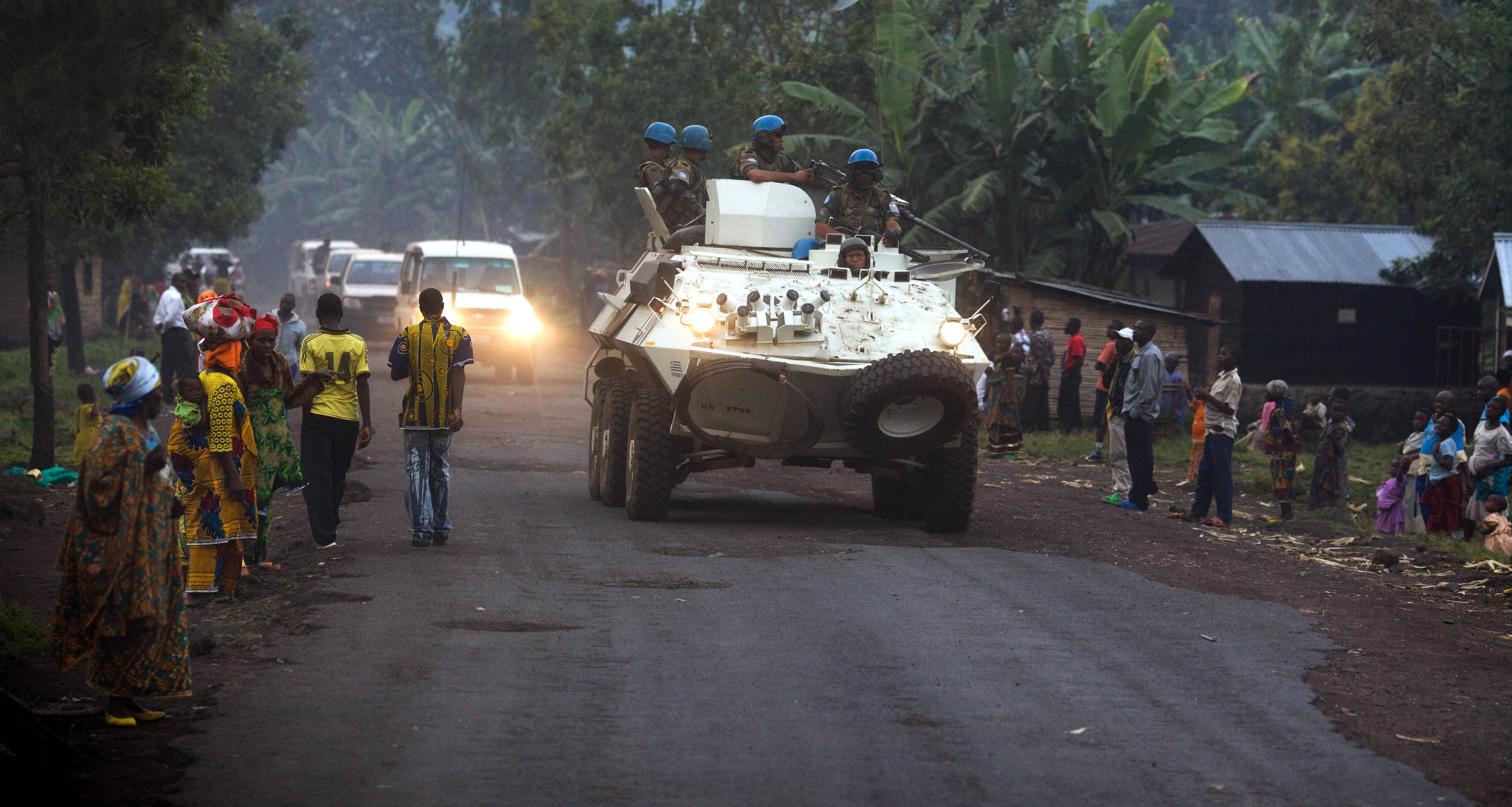 Trup­pen der UN-Mis­si­on MO­NUS­CO (Mis­si­on der Ver­ein­ten Na­tio­nen für die Sta­bi­li­sie­rung in der De­mo­kra­ti­schen Re­pu­blik Kon­go) in Ru­m­an­g­abo, D.R. Kon­go