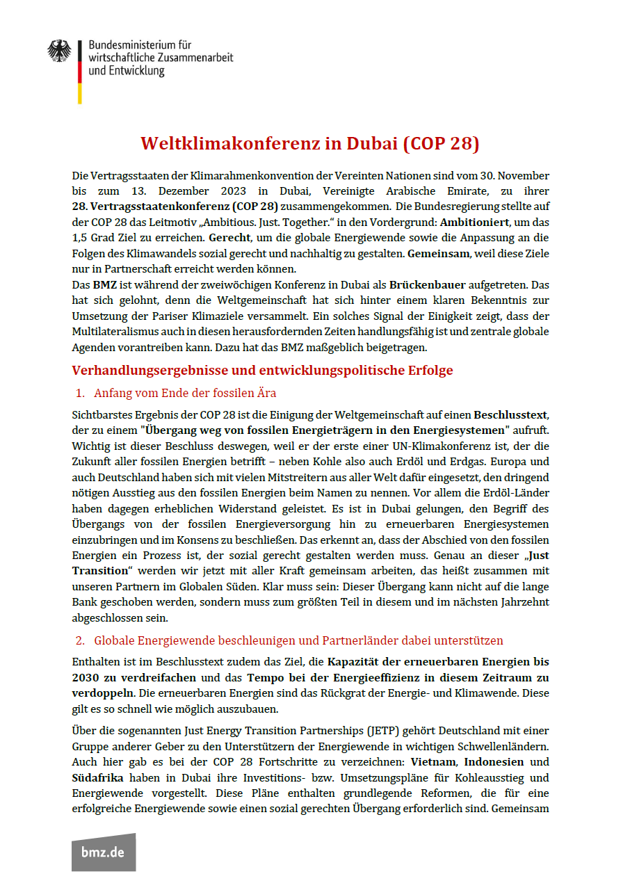 Titelblatt: Weltklimakonferenz in Dubai (COP 28): Verhandlungsergebnisse und entwicklungspolitische Erfolge