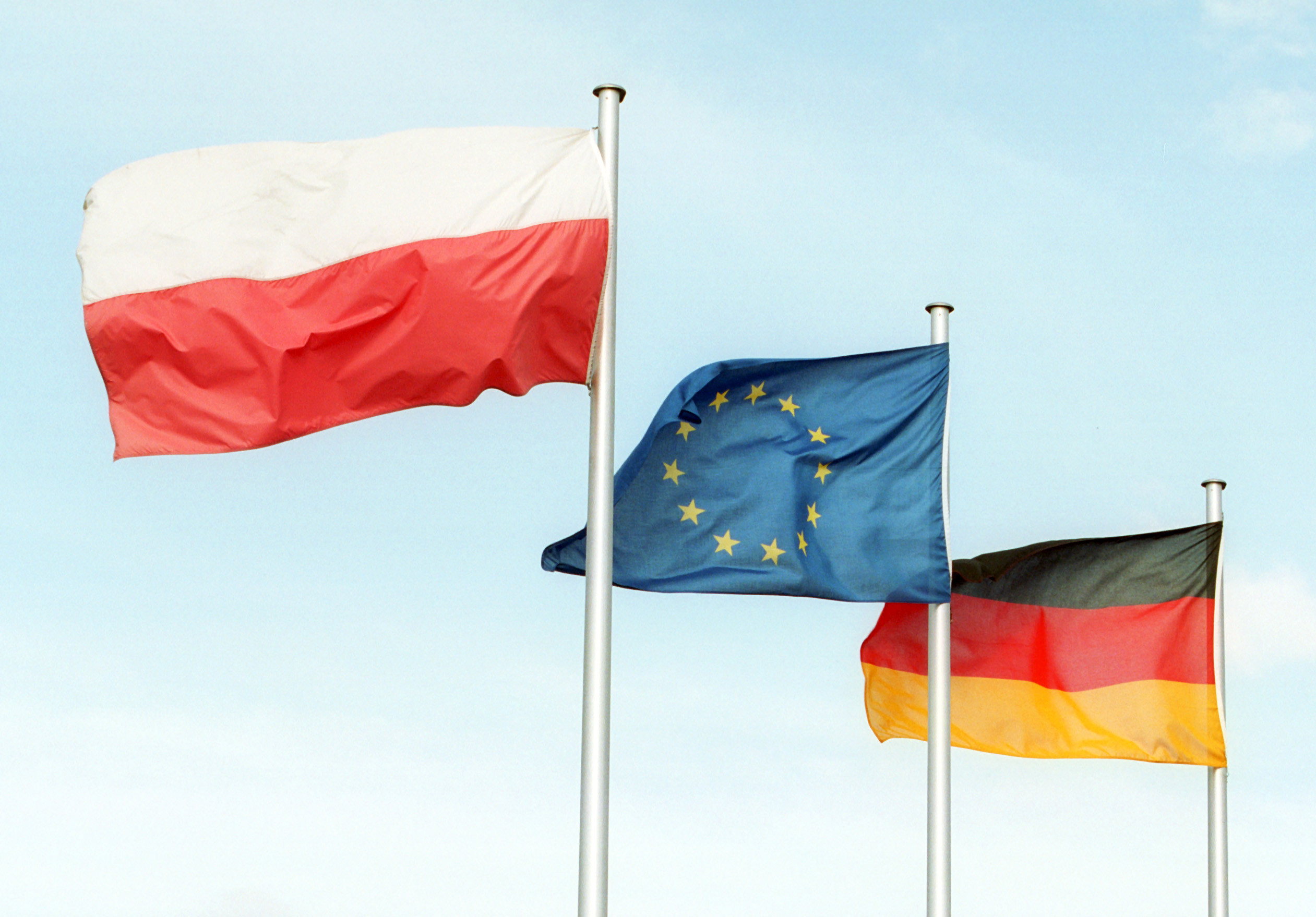 Die Flagge Polens, der Europäischen Union und Deutschlands