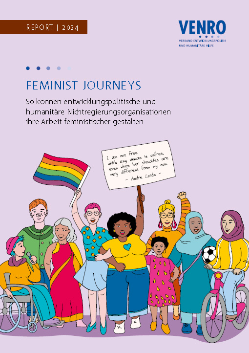 Cover des Venro-Berichts „Feminist Journeys: So können humanitäre und entwicklungspolitische Nichtregierungsorganisationen ihre Arbeit feministischer gestalten“