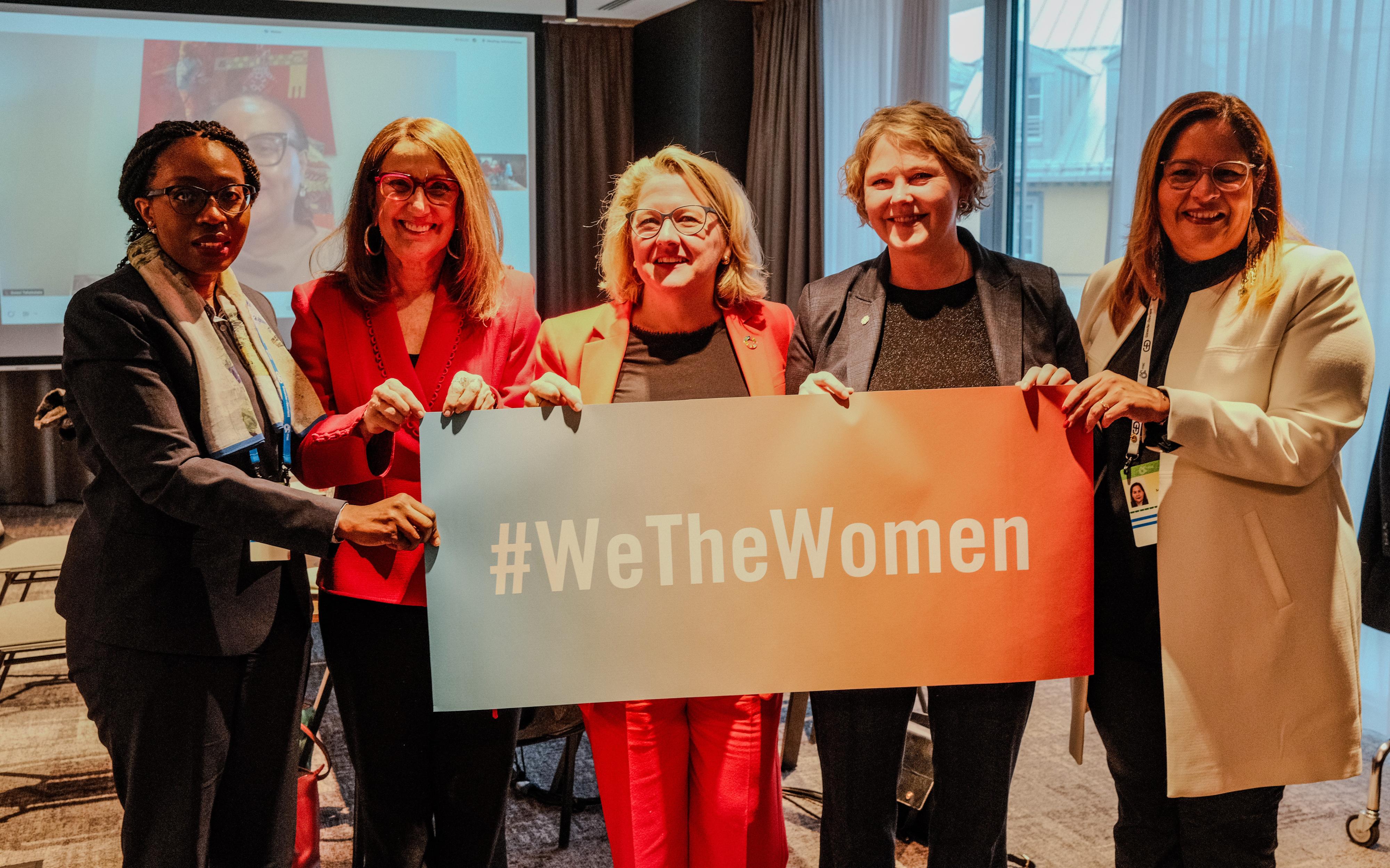 Meeting in the margins of the Munich Security Conference (from left to right): Vera Songwe, Rebeca Grynspan, Svenja Schulze, Anne Beathe Tvinnereim and Yadir Salazar Mejía, with live video participation by Bajabulile Swazi Tshabalala in the background 