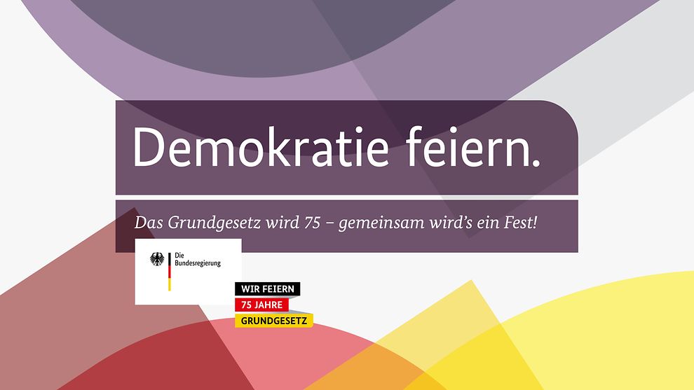 Logo: Demokratie feiern. Das Grundgesetz wird 75 – gemeinsam wird's ein Fest"