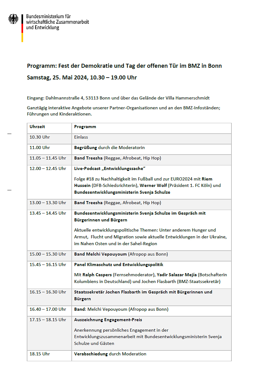Programm: Fest der Demokratie und Tag der offenen Tür im BMZ in Bonn