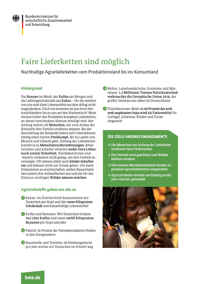 Cover des Facts­heets: Fai­re Lie­fer­ket­ten sind mög­lich | Nach­hal­ti­ge Agrar­lie­fer­ket­ten vom Pro­duk­ti­ons­land bis ins Kon­sum­land