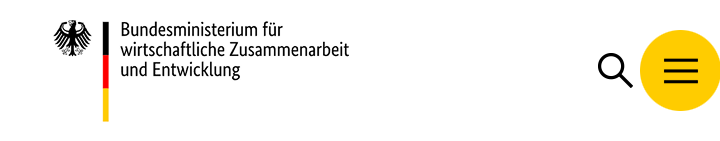 Ansicht des Menüs der BMZ-Website auf einem Smartphone: links ein Bundesadler, daneben eine Linie in den Farben Schwarz, Rot und Gold, daneben steht „Bundesministerium für wirtschaftliche Zusammenarbeit und Entwicklung“. Rechts eine Lupe, daneben drei übereinander angeordnete schwarze Linien in einem Kreis auf gelbem Hintergrund